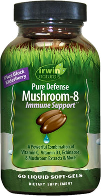 Irwin Naturals Pure Defense Mushroom-8 - 60 Softgels - Powerful Immune Support Supplement with 8 Mushroom Extracts, Vitamin C & D3, Echinacea, and Black Elderberry