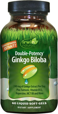 Irwin Naturals Double-Potency Ginkgo Biloba 240mg Extra Strength Brain Health Supplement - Enhance Memory, Mental Focus, Alertness, Concentration & Herbal Energy Booster - 60 Liquid Softgels