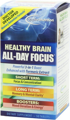 Applied Nutrition Healthy Brain All-Day Focus - 50 Tablets - Powerful 3-in-1 Brain Booster with Turmeric Extract - 25 Servings