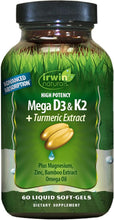 Irwin Naturals High Potency Mega D3 & K2 + Turmeric Extract for Healthy Bones, Immune Function & Positive Mood - Advanced Absorption with Magnesium, Turmeric, Bamboo & Omega Oil - 60 Liquid Softgels