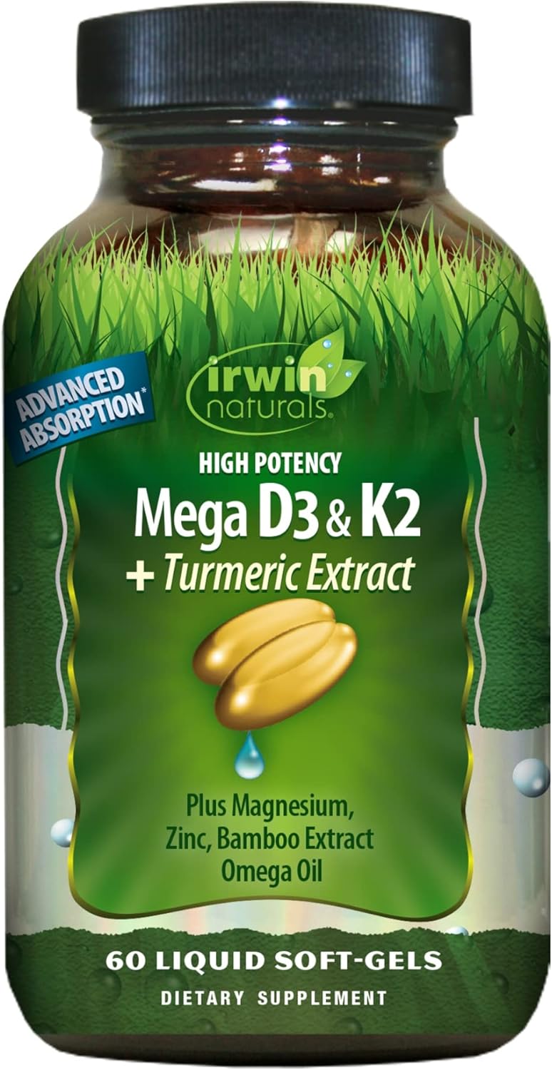 Irwin Naturals High Potency Mega D3 & K2 + Turmeric Extract for Healthy Bones, Immune Function & Positive Mood - Advanced Absorption with Magnesium, Turmeric, Bamboo & Omega Oil - 60 Liquid Softgels