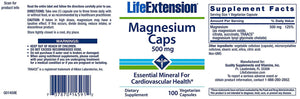 Life Extension Magnesium Caps 500 mg Essential Mineral Cardiovascular Health - 100 Vegetarian Capsules