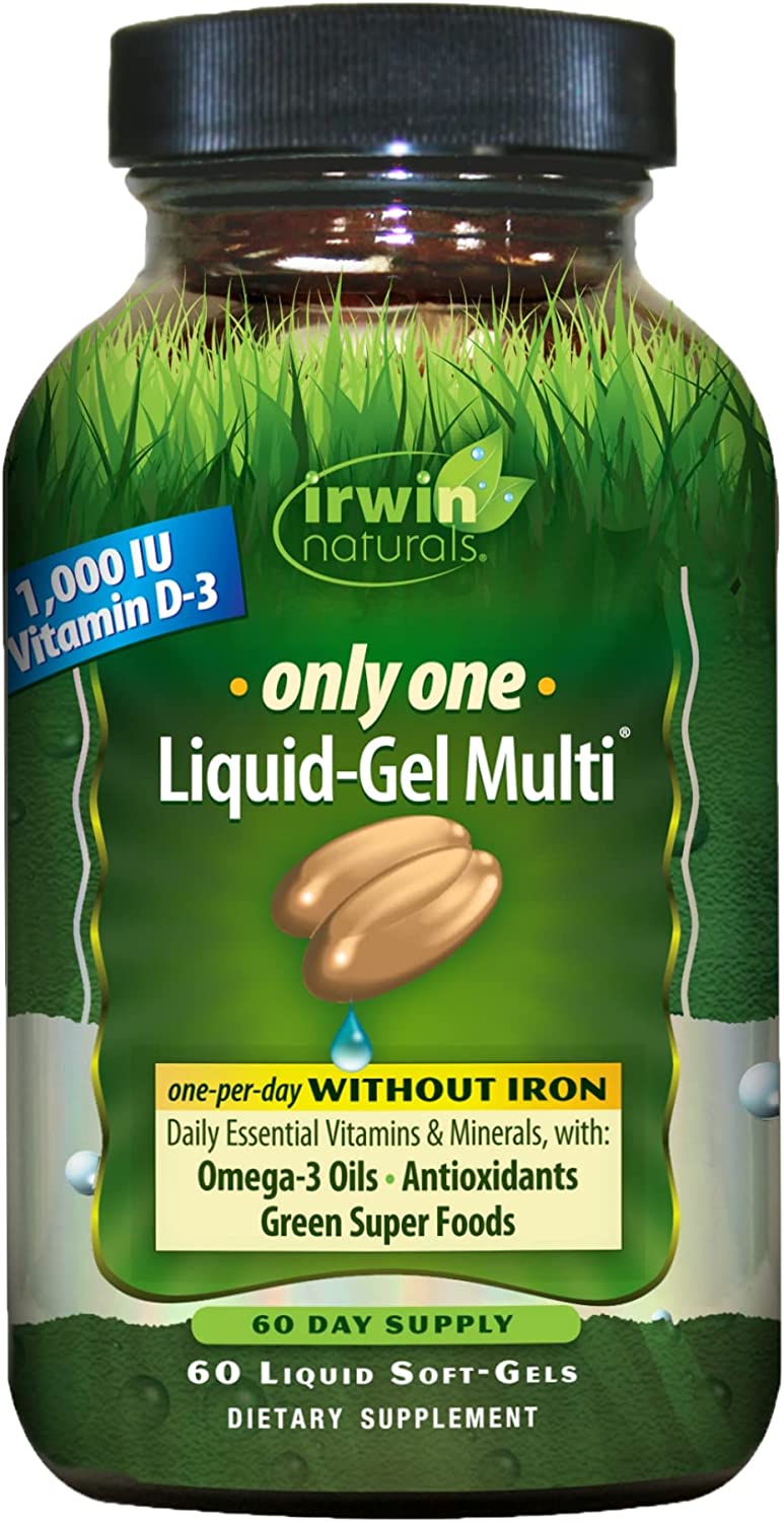 Irwin Naturals Only One Liquid-Gel Multi - No Iron Daily Essential Vitamins, Minerals, Antioxidants, Omega-3 & Green Super Foods - 60 Liquid Softgels