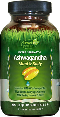 Irwin Naturals Extra Strength Ashwagandha Mind & Body Adaptogenic Herbs Supports Stress Response, Mood, Mental & Physical Performance with Cordyceps, Turmeric, BioPerine & More - 60 Liquid Softgels