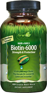 Irwin Naturals Biotin-6000 Supports Healthy Skin, Hair & Nails - Strength + Protection with High Potency 6000 mcg, Bamboo, Avocado, Coconut & More - Maximum Absorption - 60 Liquid Softgels