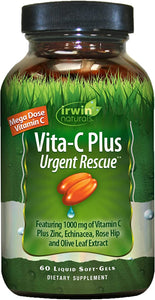 Irwin Naturals Vita-C Plus Urgent Rescue 1,000mg Mega Dose Vitamin C Immune Support Supplement - Botanical Immunity Boost with Zinc, Echinacea, Rose Hip & Olive Leaf Extract - 60 Liquid Softgels