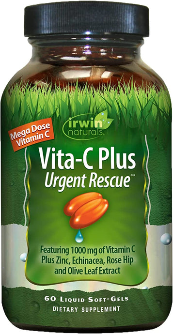 Irwin Naturals Vita-C Plus Urgent Rescue 1,000mg Mega Dose Vitamin C Immune Support Supplement - Botanical Immunity Boost with Zinc, Echinacea, Rose Hip & Olive Leaf Extract - 60 Liquid Softgels