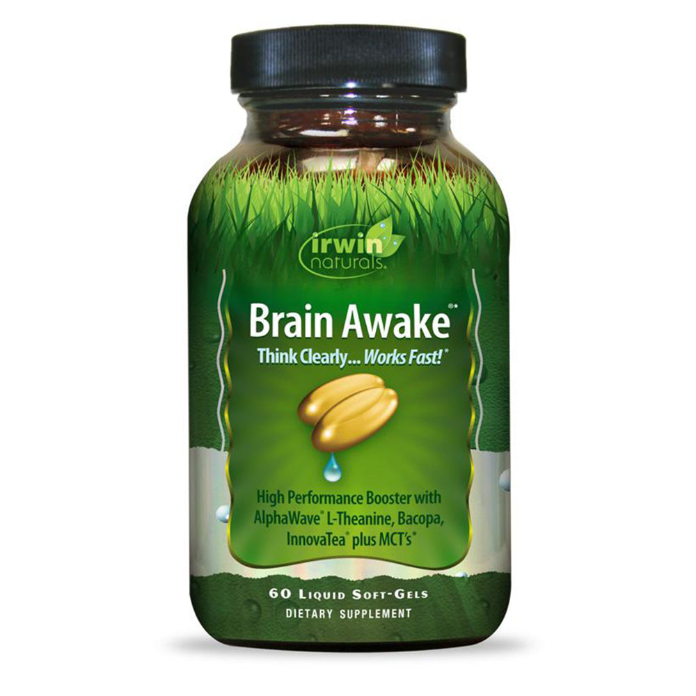 Irwin Naturals - Brain Awake - 60 ct - Think Clearly...Works Fast! High Performance Booster with AlphaWave L-Theanine, Bacopa, InnovaTea plus MCT's