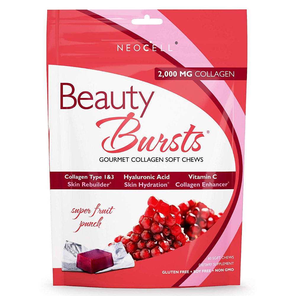 NeoCell Beauty Bursts Collagen Soft Chews 2,000mg Collagen, Hyaluronic Acid, Vitamin C - Super Fruit Punch Flavor – 60 Count
